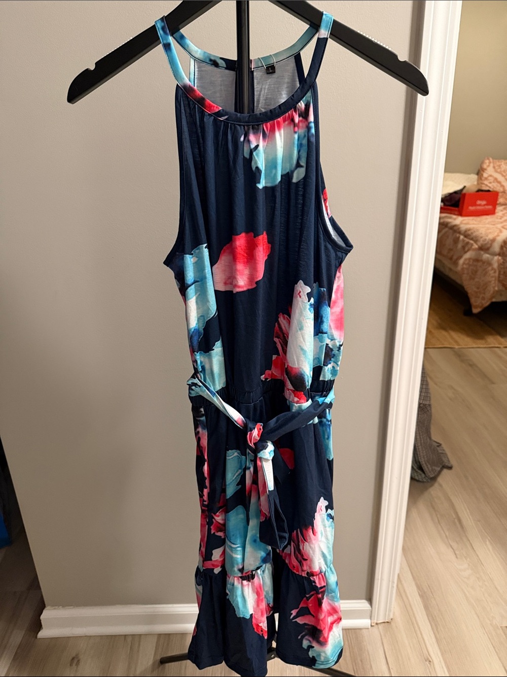 Navy Floral Maxi Dress with Tie Waist